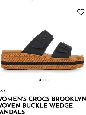 CROCS Black Double-Strap Wedge Sandals with Tan Woven Platform and Black Trim